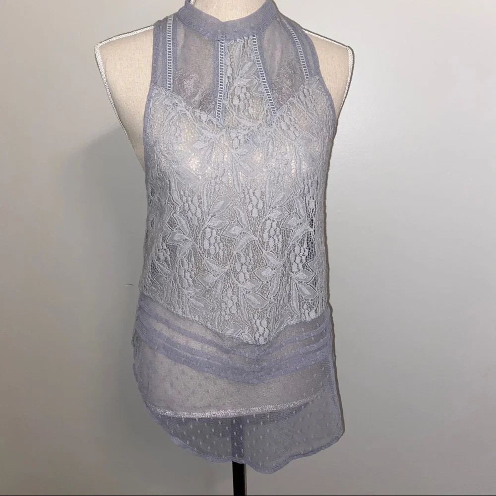Free People Maisie Lace sheer gray mesh high neck sleeveless tunic top size XS